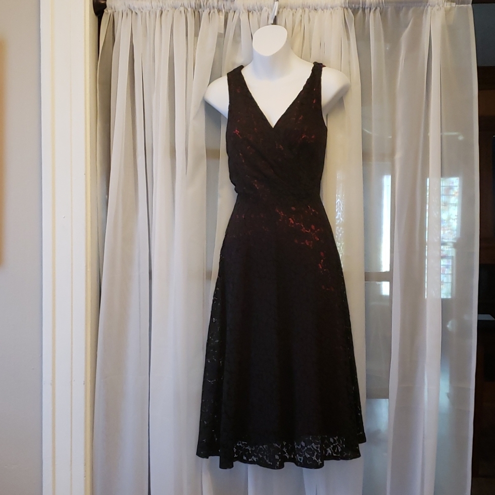 Black Lace and Red Satin Fit and Flare Dress